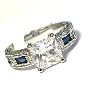 Sapphire Engagement Ring Size 8 9 10 Blue Cubic Zirconia Simulated RhodiumPlated